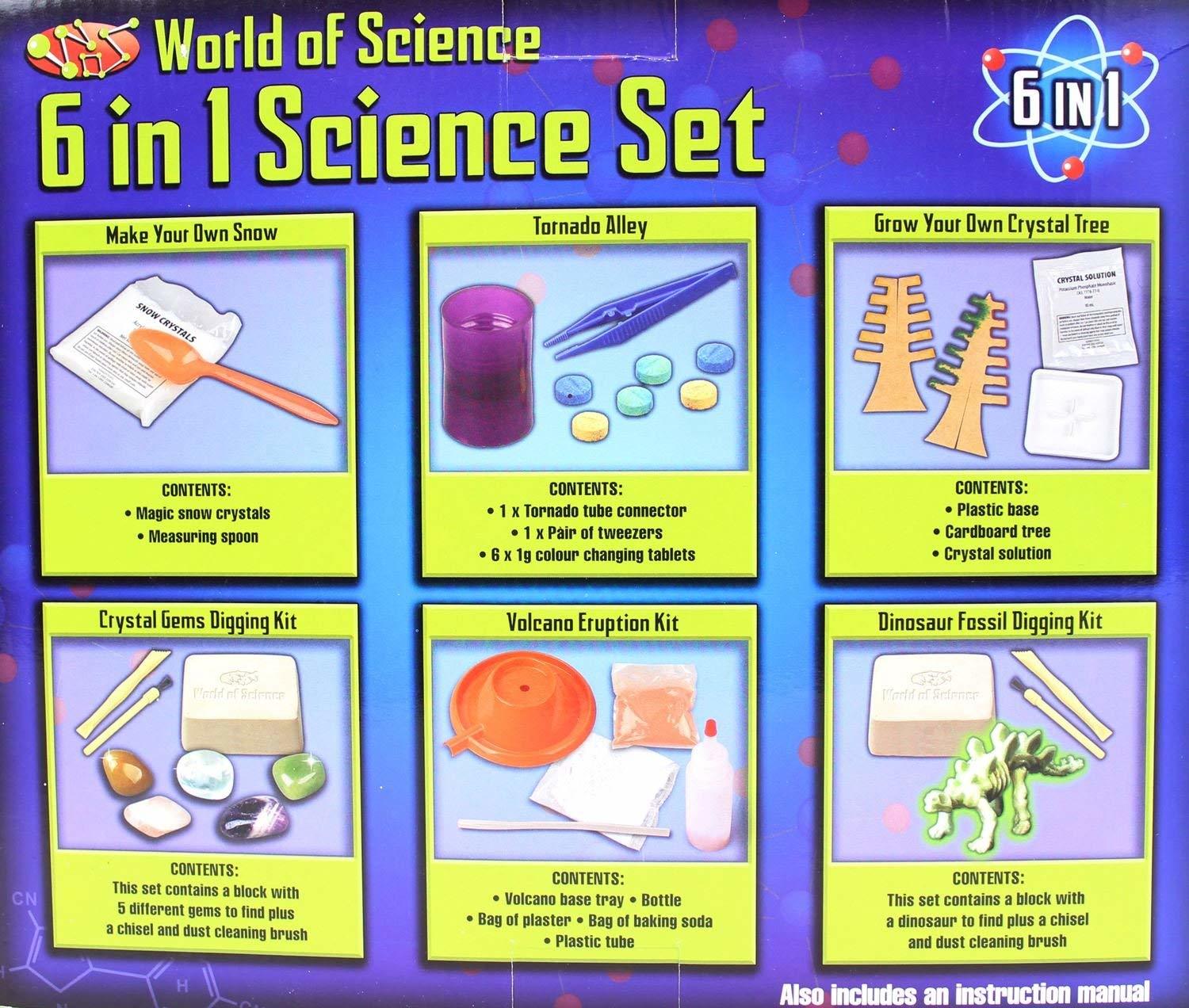 6 in 1 Science Set Make Your Own Volcano Tornado Crystal Gems Dinosaur Fossil Snow Toy Kit 
